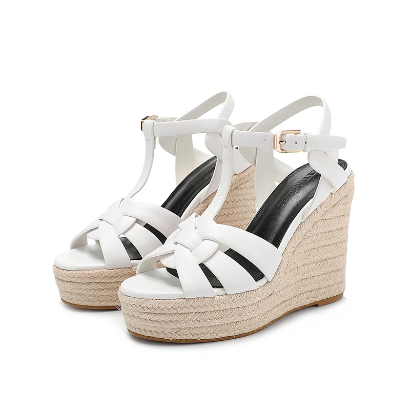 2024 New Women's Summer Cowhide High Heel Anti Slip Sandals Outdoor Banquet Party Luxury Slope Heel Sandals Handmade Hemp Rope