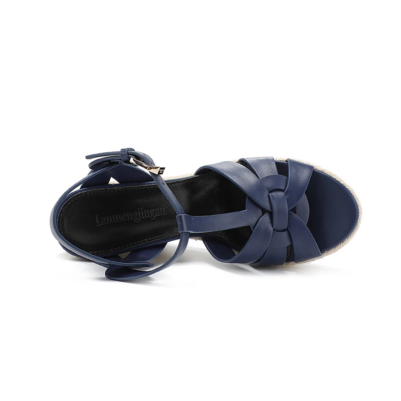 2024 New Women's Summer Cowhide High Heel Anti Slip Sandals Outdoor Banquet Party Luxury Slope Heel Sandals Handmade Hemp Rope