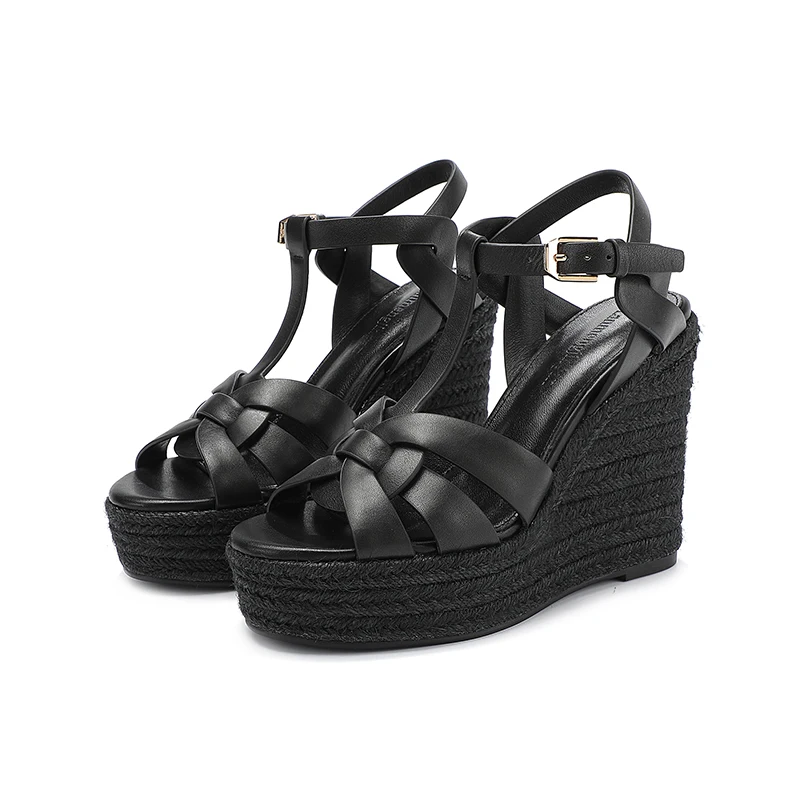 2024 New Women's Summer Cowhide High Heel Anti Slip Sandals Outdoor Banquet Party Luxury Slope Heel Sandals Handmade Hemp Rope
