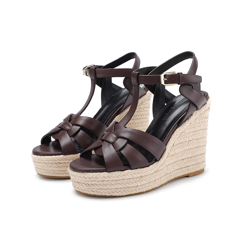 2024 New Women's Summer Cowhide High Heel Anti Slip Sandals Outdoor Banquet Party Luxury Slope Heel Sandals Handmade Hemp Rope