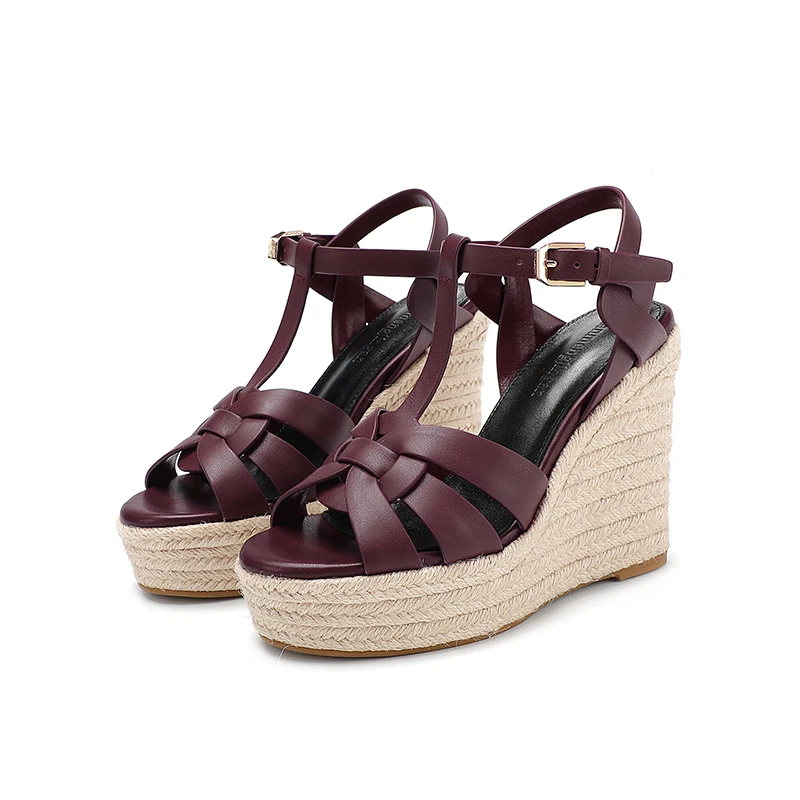 2024 New Women's Summer Cowhide High Heel Anti Slip Sandals Outdoor Banquet Party Luxury Slope Heel Sandals Handmade Hemp Rope