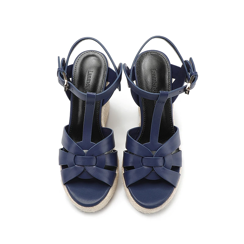 2024 New Women's Summer Cowhide High Heel Anti Slip Sandals Outdoor Banquet Party Luxury Slope Heel Sandals Handmade Hemp Rope
