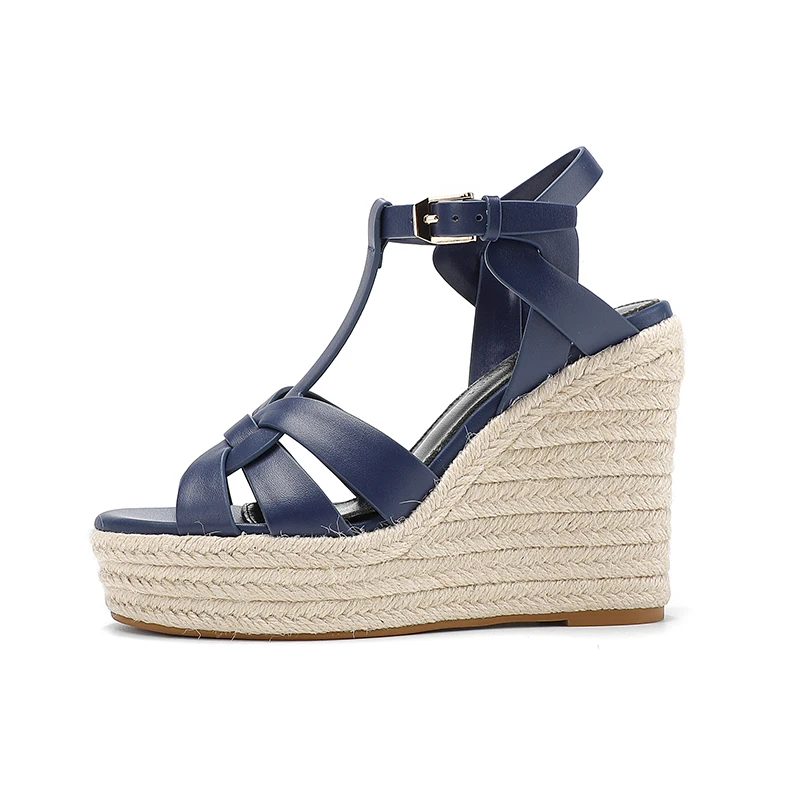 2024 New Women's Summer Cowhide High Heel Anti Slip Sandals Outdoor Banquet Party Luxury Slope Heel Sandals Handmade Hemp Rope