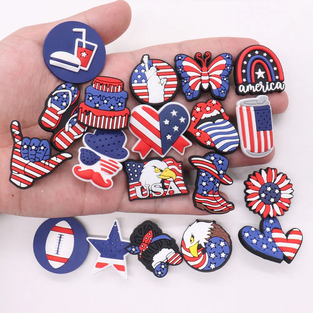 1-19PCS America Football Drinks USA Flower Statue of Liberty PVC Shoe Decoration Buckle Charms Clog Pin Hole Slipper Accessories