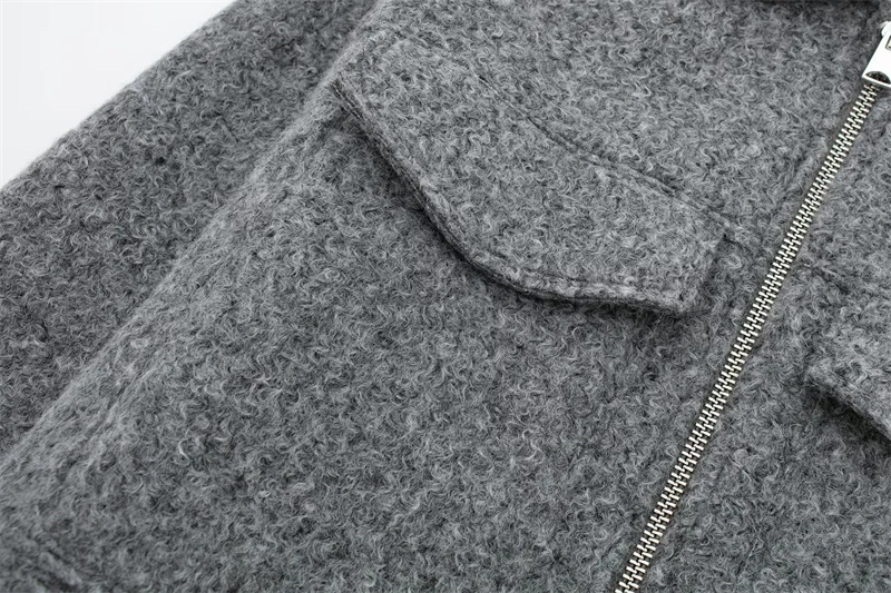 2026 Autumn Woman Casual Gray Loose Woolen Jacket Female Fashion Solid Turn Down Collar Jackets Girls Warm Zipper Outwear