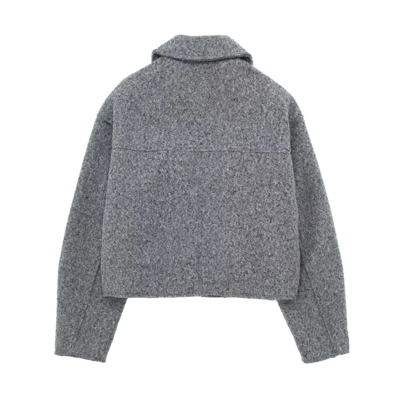2026 Autumn Woman Casual Gray Loose Woolen Jacket Female Fashion Solid Turn Down Collar Jackets Girls Warm Zipper Outwear