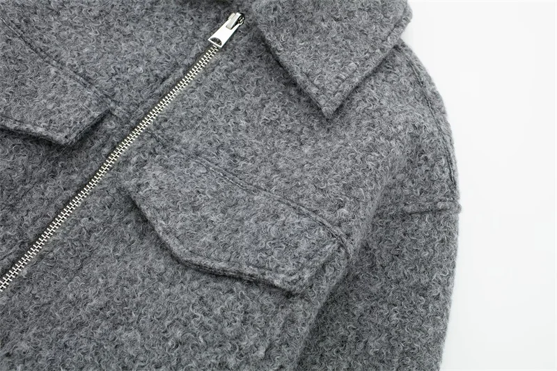 2026 Autumn Woman Casual Gray Loose Woolen Jacket Female Fashion Solid Turn Down Collar Jackets Girls Warm Zipper Outwear