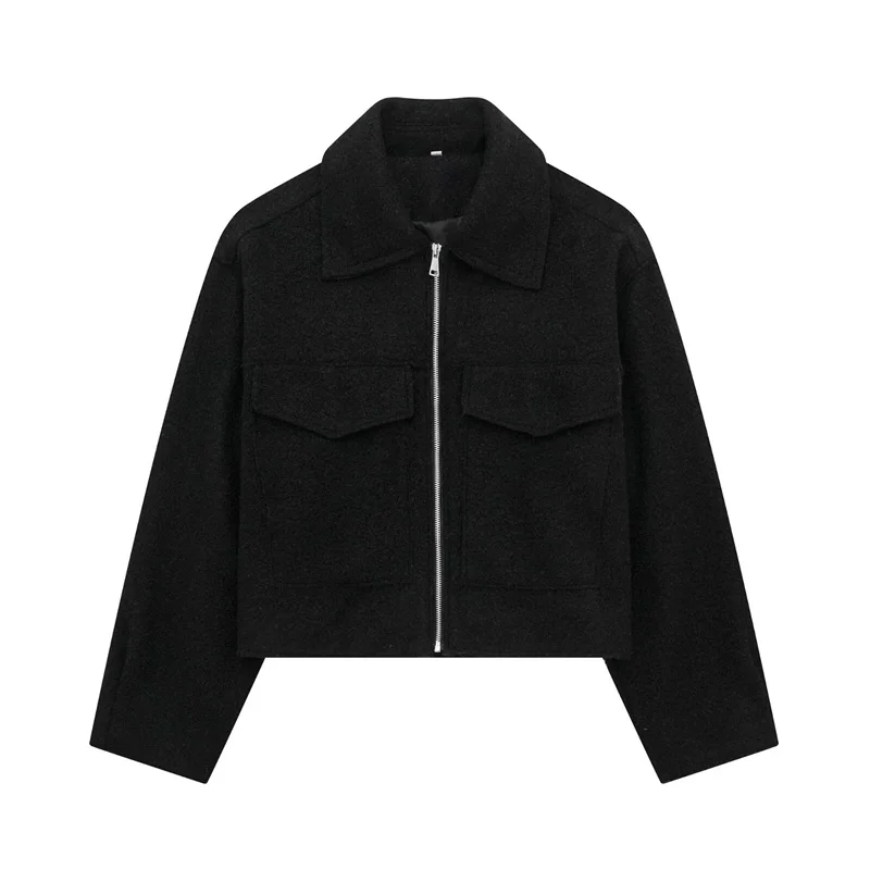 2026 Autumn Woman Casual Gray Loose Woolen Jacket Female Fashion Solid Turn Down Collar Jackets Girls Warm Zipper Outwear