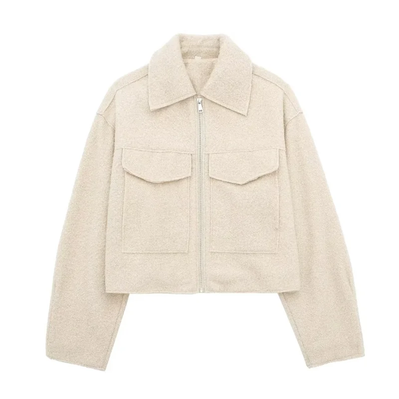 2026 Autumn Woman Casual Gray Loose Woolen Jacket Female Fashion Solid Turn Down Collar Jackets Girls Warm Zipper Outwear