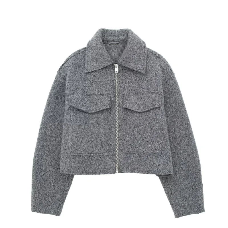 2026 Autumn Woman Casual Gray Loose Woolen Jacket Female Fashion Solid Turn Down Collar Jackets Girls Warm Zipper Outwear