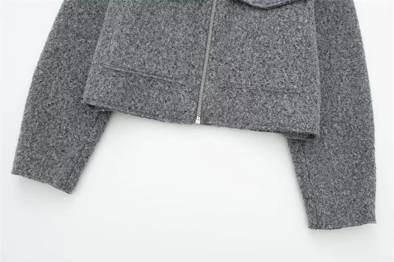 2026 Autumn Woman Casual Gray Loose Woolen Jacket Female Fashion Solid Turn Down Collar Jackets Girls Warm Zipper Outwear