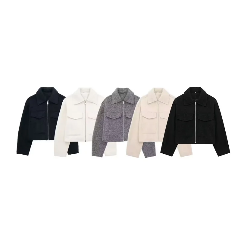 2026 Autumn Woman Casual Gray Loose Woolen Jacket Female Fashion Solid Turn Down Collar Jackets Girls Warm Zipper Outwear