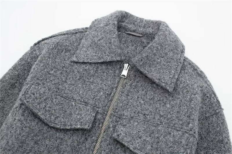 2026 Autumn Woman Casual Gray Loose Woolen Jacket Female Fashion Solid Turn Down Collar Jackets Girls Warm Zipper Outwear