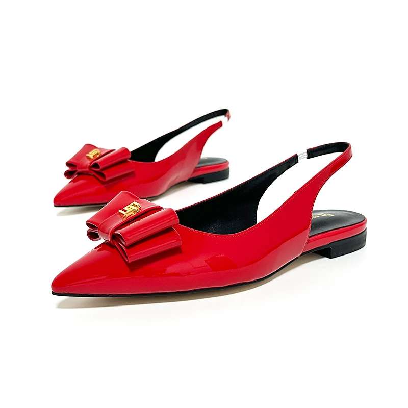 2024 New Summer Women's Sandals Genuine Leather Pointed Elastic Band Sexy Low Heel Sandals Fashion Leather Bag Party Shoes 34-44