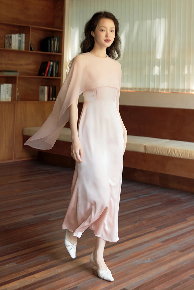 Birdtree 100% Real Silk Shawl High End Party Dress Women Satin Banquet Sleeveless Dresses 2024 Spring Summer D41437QM