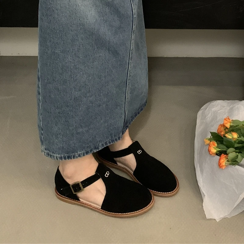 DIMANYU Retro Roman Baotou Sandals Women Wear 2026 Summer New Frosted Real Leather Female Flat Shoes Hollow Women Sandals