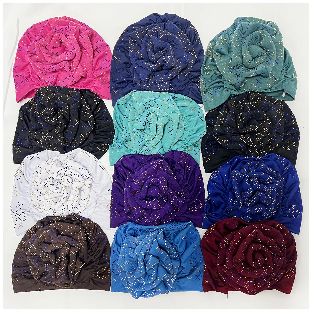 Wholesale Order Fashion Muslim Female Turban Hat Bonnet Gold Velvet Hot Rhinestone Solid Indian Beanie Hair Bonnet Cap For Women