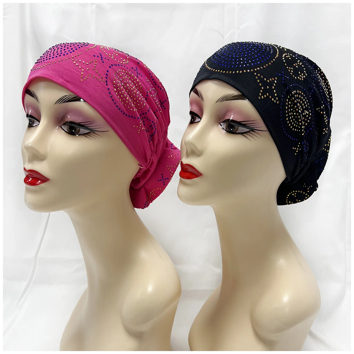 Wholesale Order Fashion Muslim Female Turban Hat Bonnet Gold Velvet Hot Rhinestone Solid Indian Beanie Hair Bonnet Cap For Women