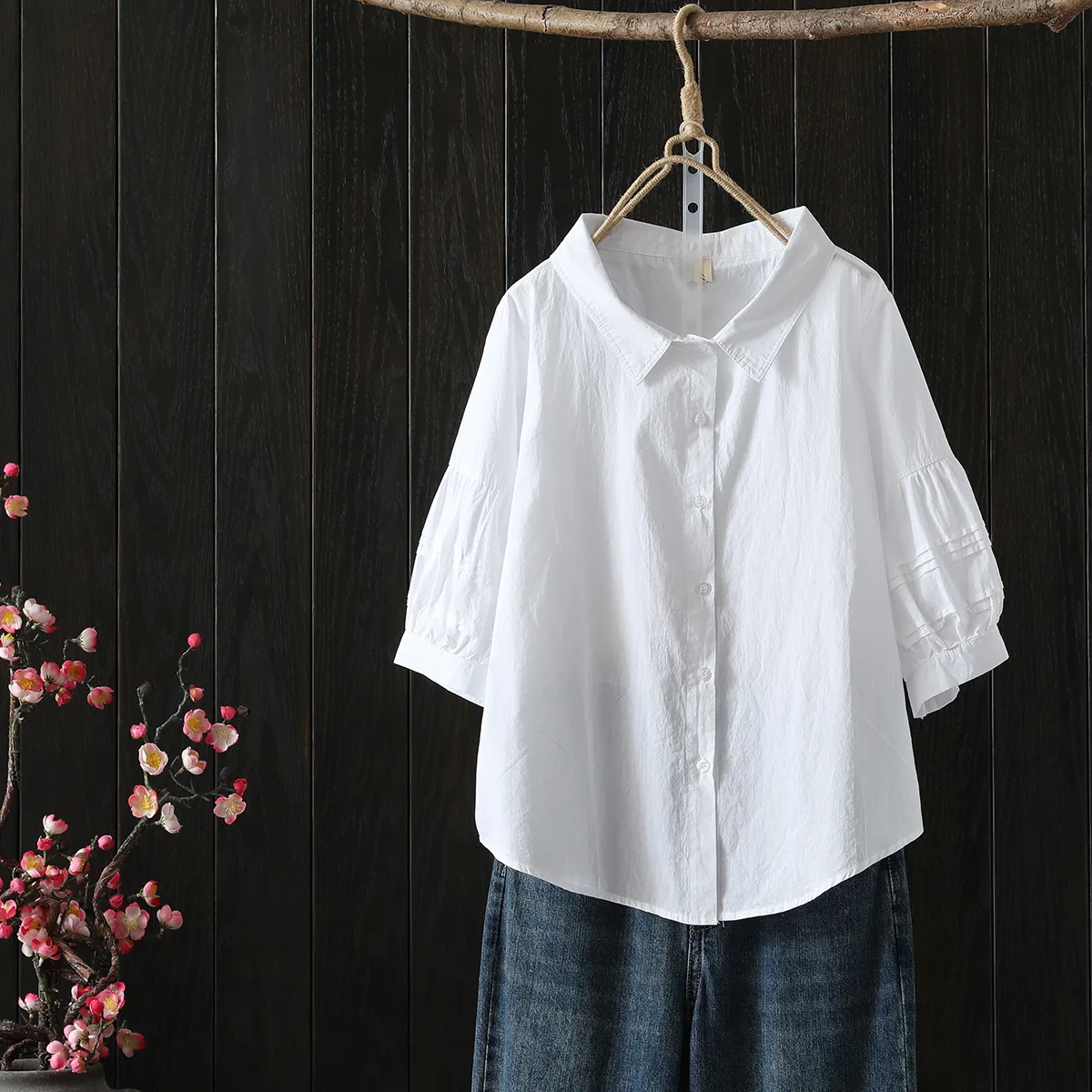New Spring Cotton Solid Shirt Women Lapel Short Sleeve Folds Literature Tops Girl Versatile Doll Blouses 2024 Autumn T43977QC