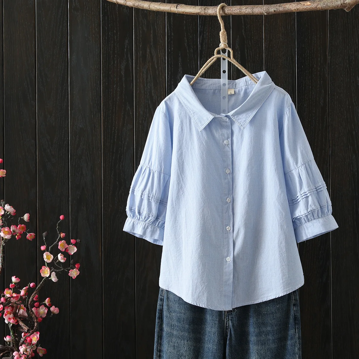 New Spring Cotton Solid Shirt Women Lapel Short Sleeve Folds Literature Tops Girl Versatile Doll Blouses 2024 Autumn T43977QC