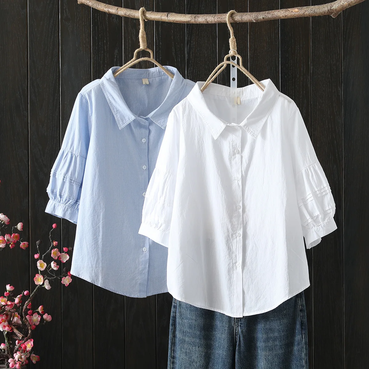 New Spring Cotton Solid Shirt Women Lapel Short Sleeve Folds Literature Tops Girl Versatile Doll Blouses 2024 Autumn T43977QC