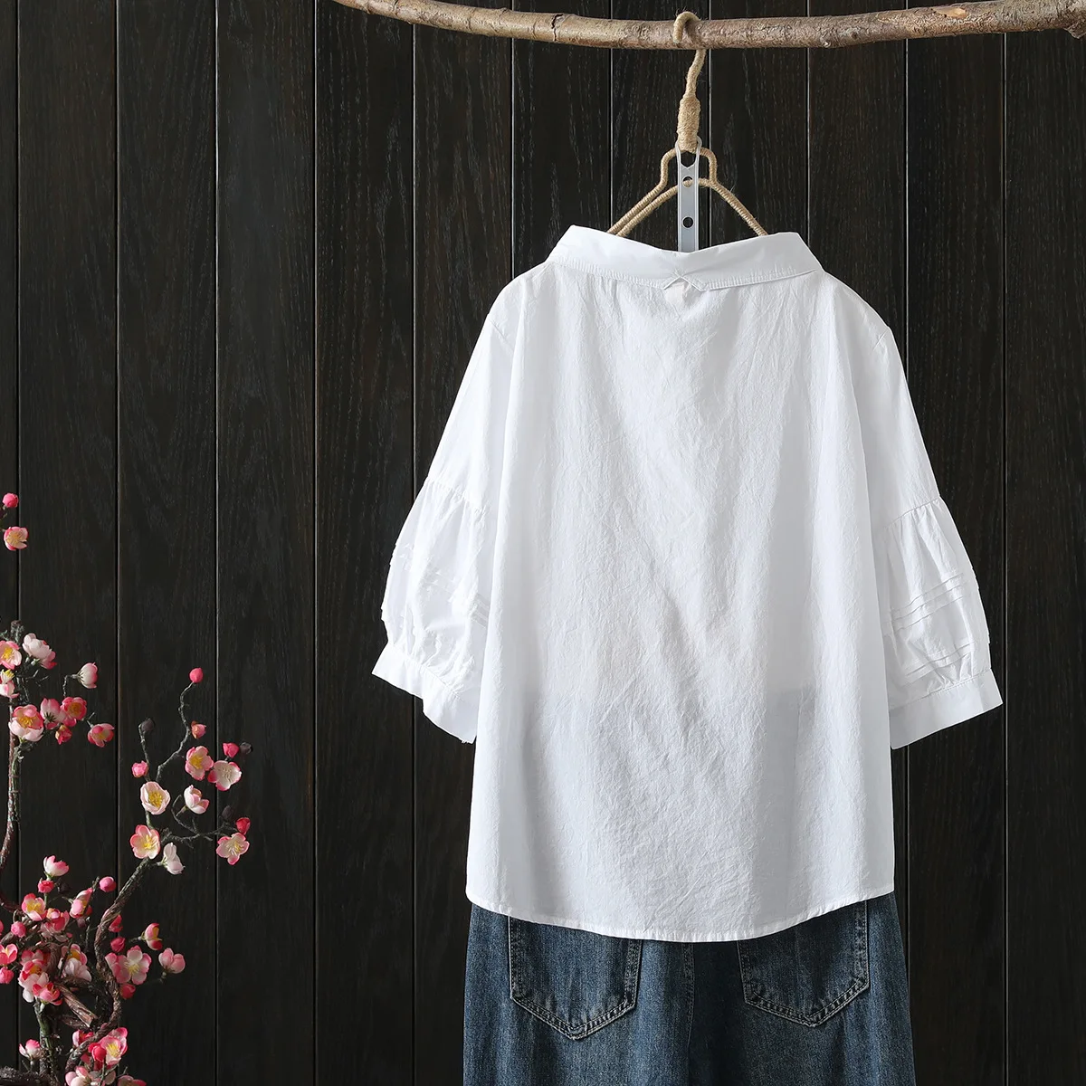 New Spring Cotton Solid Shirt Women Lapel Short Sleeve Folds Literature Tops Girl Versatile Doll Blouses 2024 Autumn T43977QC