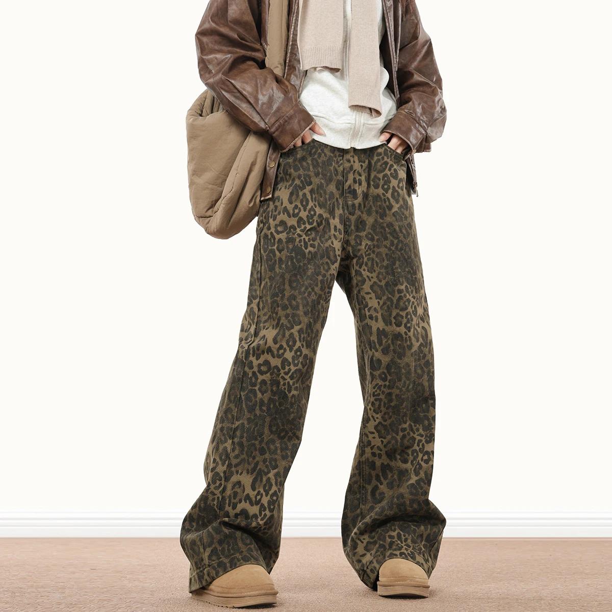 American Style Leopard Wash Jeans Women Y2K Retro Street Hot Girl Loose Casual Pants High Waist Straight Leg Jeans