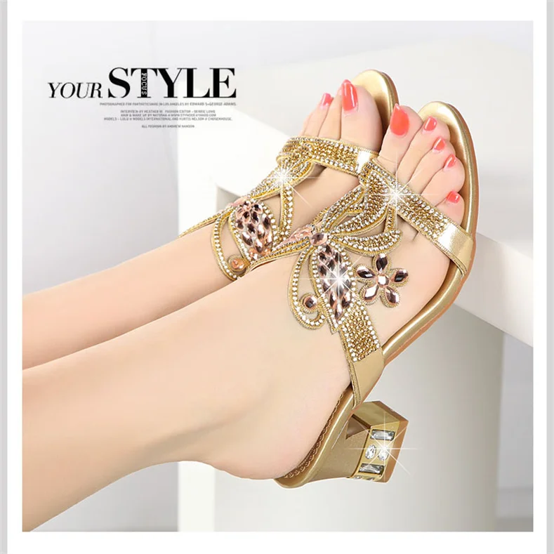 Summer Women Shoes Fish Mouth Diamond Elegant Thick High Heels Sandals Medium Heel Fashion Leisure Rhinestone Party Sandals