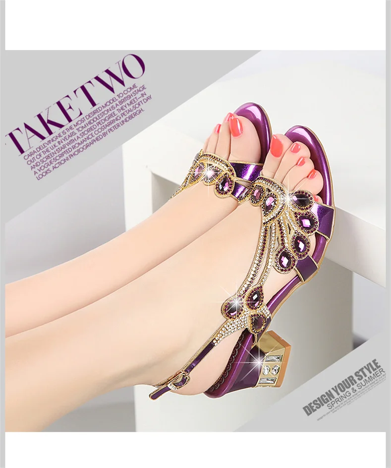 Summer Women Shoes Fish Mouth Diamond Elegant Thick High Heels Sandals Medium Heel Fashion Leisure Rhinestone Party Sandals