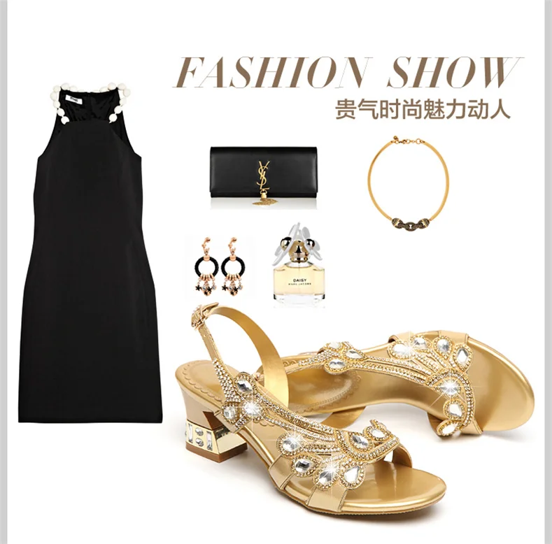 Summer Women Shoes Fish Mouth Diamond Elegant Thick High Heels Sandals Medium Heel Fashion Leisure Rhinestone Party Sandals