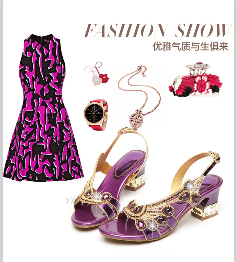 Summer Women Shoes Fish Mouth Diamond Elegant Thick High Heels Sandals Medium Heel Fashion Leisure Rhinestone Party Sandals