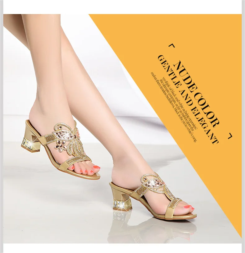 Summer Women Shoes Fish Mouth Diamond Elegant Thick High Heels Sandals Medium Heel Fashion Leisure Rhinestone Party Sandals