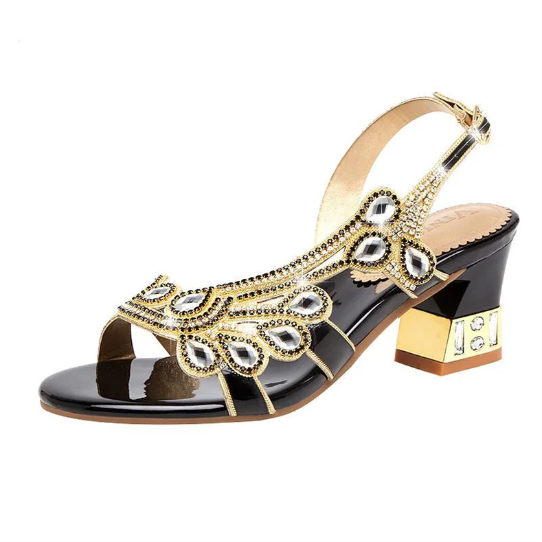 Summer Women Shoes Fish Mouth Diamond Elegant Thick High Heels Sandals Medium Heel Fashion Leisure Rhinestone Party Sandals