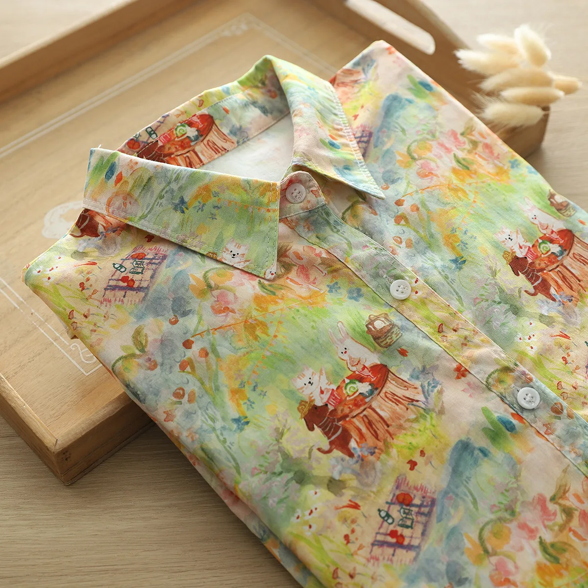 New Autumn Cotton Shirt For Women, Long Sleeve Oil Painting Kitten Tops, Sweet Cute Loose Blouses, 2024 Spring New T41535QM