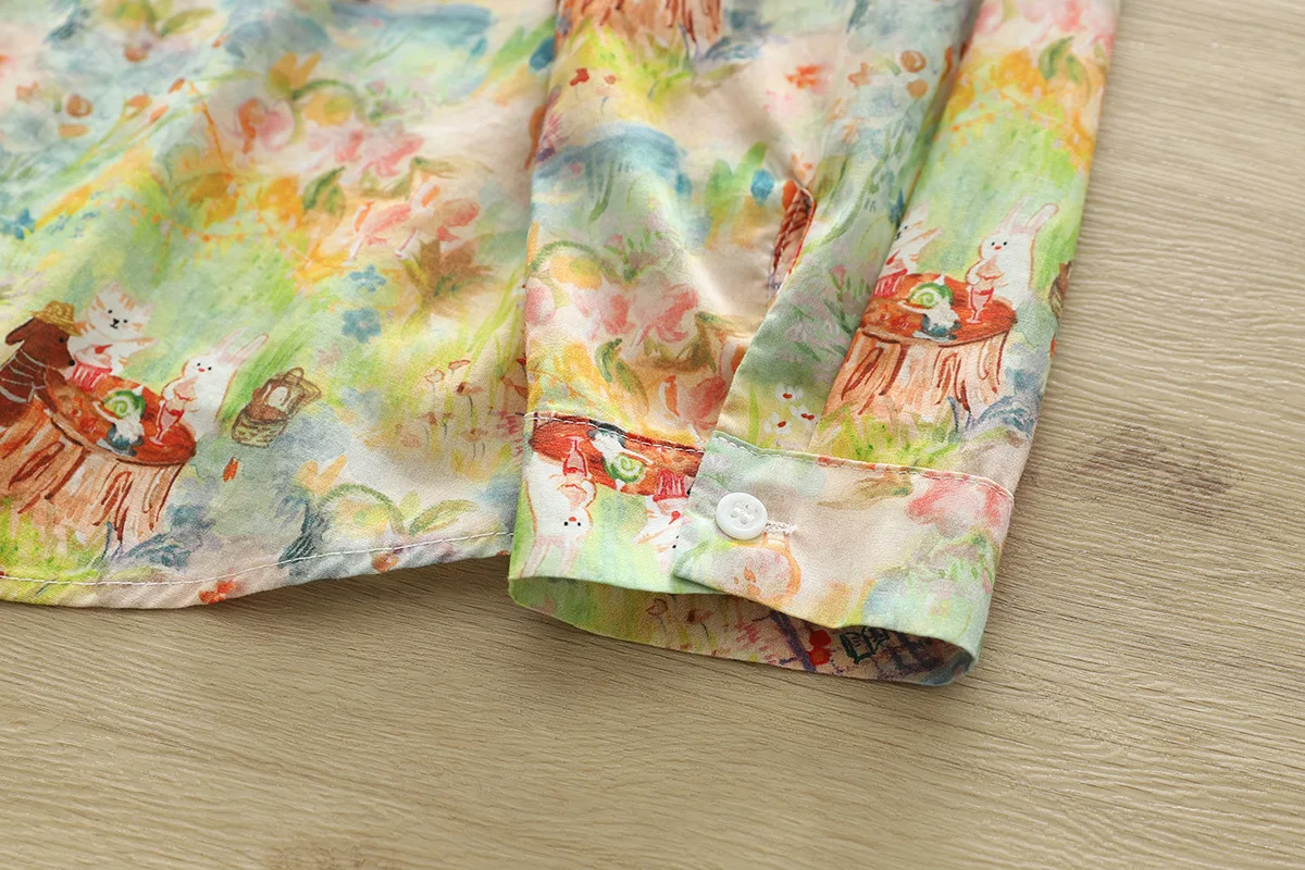 New Autumn Cotton Shirt For Women, Long Sleeve Oil Painting Kitten Tops, Sweet Cute Loose Blouses, 2024 Spring New T41535QM