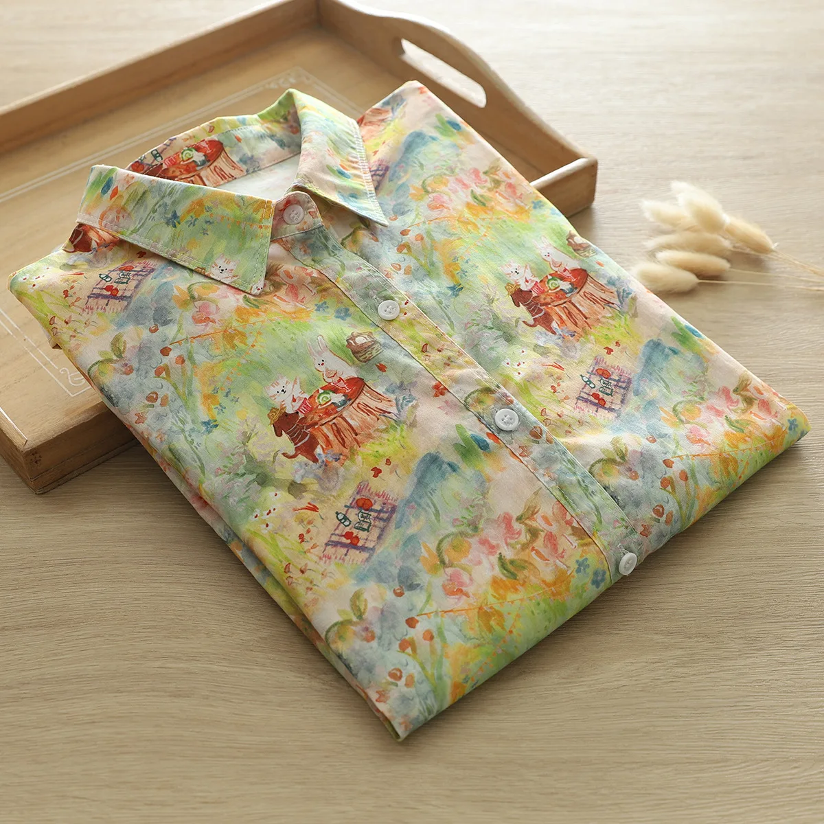 New Autumn Cotton Shirt For Women, Long Sleeve Oil Painting Kitten Tops, Sweet Cute Loose Blouses, 2024 Spring New T41535QM