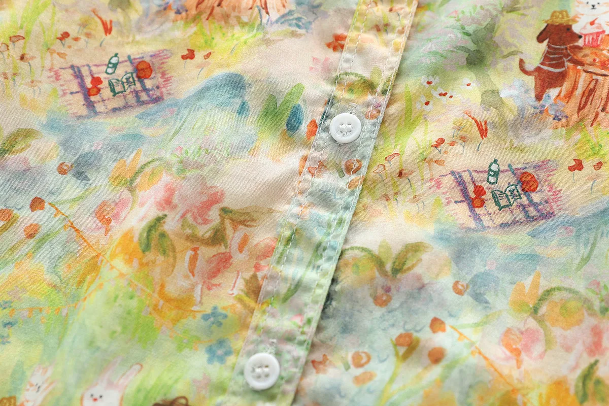 New Autumn Cotton Shirt For Women, Long Sleeve Oil Painting Kitten Tops, Sweet Cute Loose Blouses, 2024 Spring New T41535QM