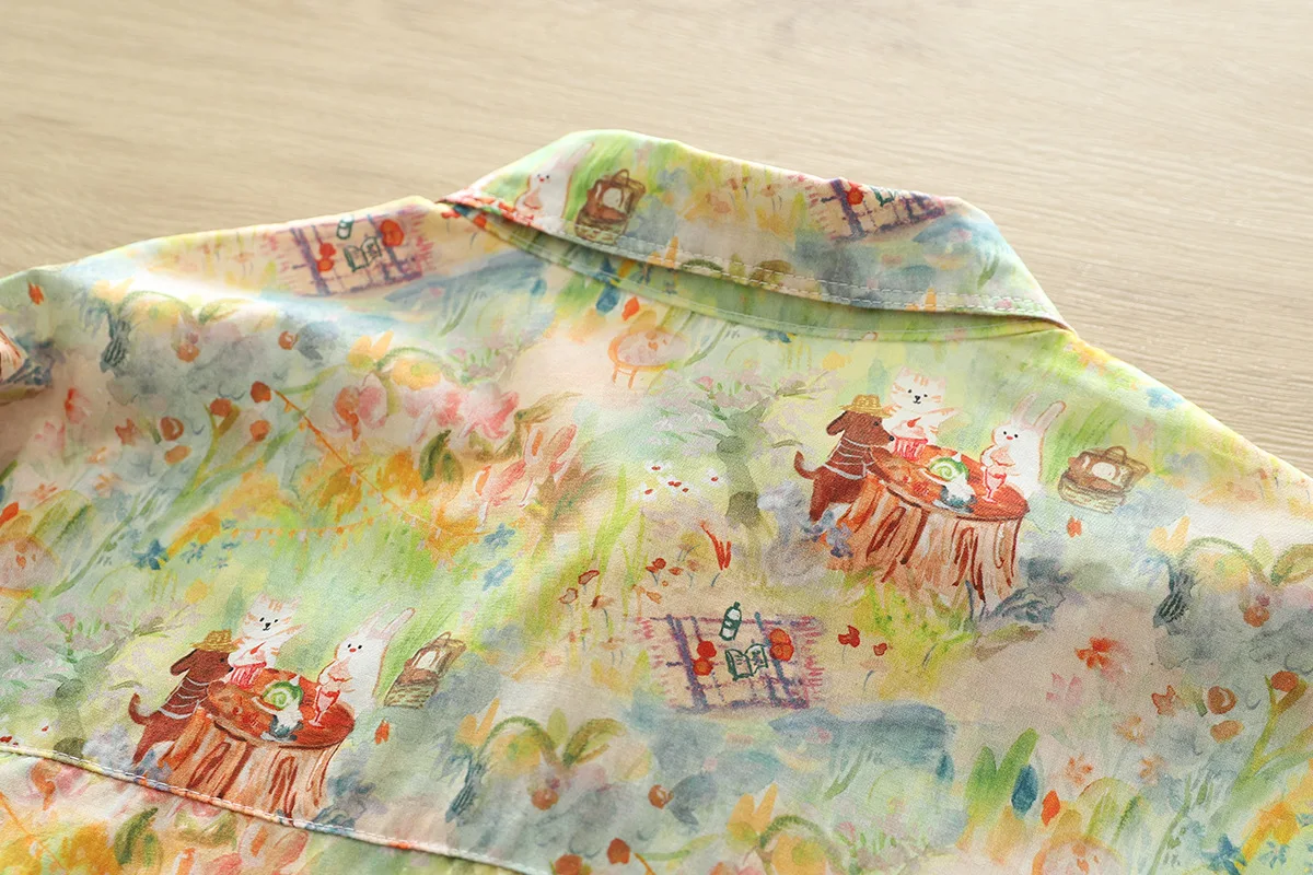 New Autumn Cotton Shirt For Women, Long Sleeve Oil Painting Kitten Tops, Sweet Cute Loose Blouses, 2024 Spring New T41535QM