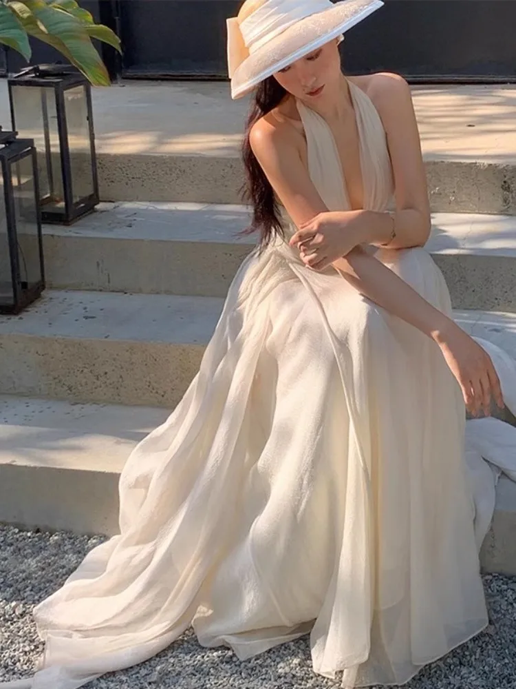 White Sleeveless V-Neck Hanging Neck Dress For Women'S Summer, New Gentle Style, Slim And Elegant Long Skirt
