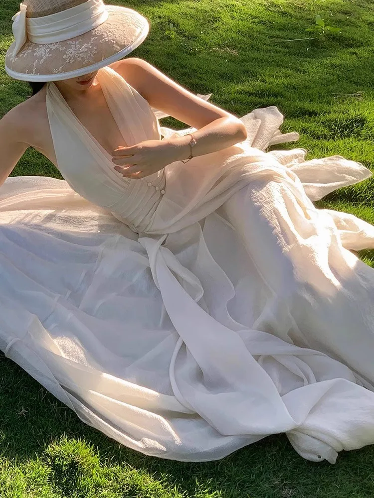 White Sleeveless V-Neck Hanging Neck Dress For Women'S Summer, New Gentle Style, Slim And Elegant Long Skirt