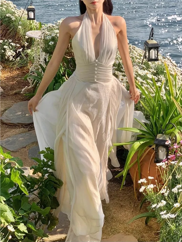 White Sleeveless V-Neck Hanging Neck Dress For Women'S Summer, New Gentle Style, Slim And Elegant Long Skirt