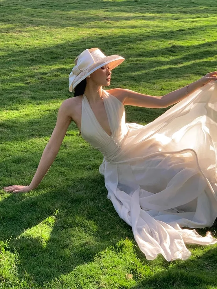 White Sleeveless V-Neck Hanging Neck Dress For Women'S Summer, New Gentle Style, Slim And Elegant Long Skirt