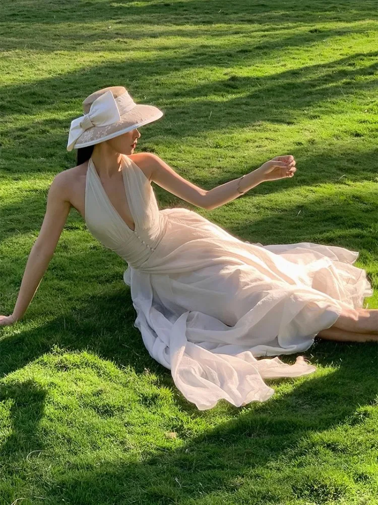 White Sleeveless V-Neck Hanging Neck Dress For Women'S Summer, New Gentle Style, Slim And Elegant Long Skirt