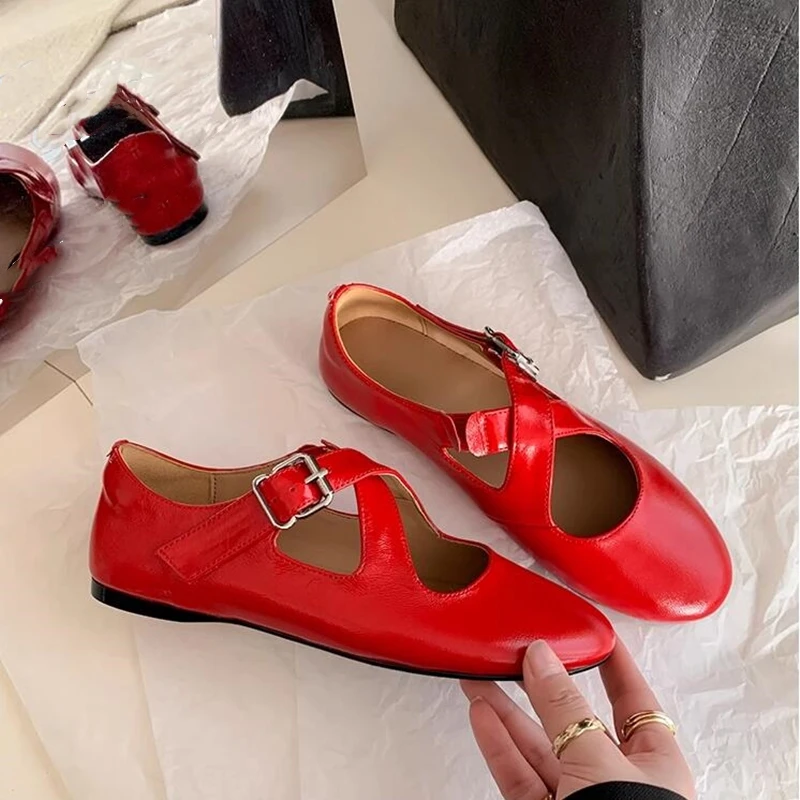 DIMANYU Women's Ballet Shoes 2026 New Spring Flats Shoes Women Fashion Cross Large Size Genuine Leather Mary Jane Shoes Women