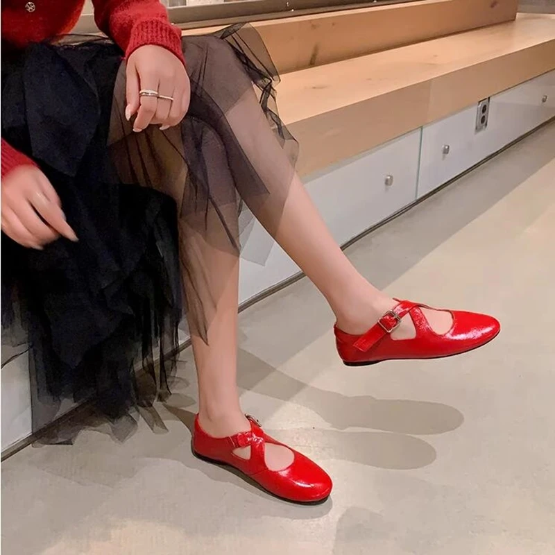 DIMANYU Women's Ballet Shoes 2026 New Spring Flats Shoes Women Fashion Cross Large Size Genuine Leather Mary Jane Shoes Women