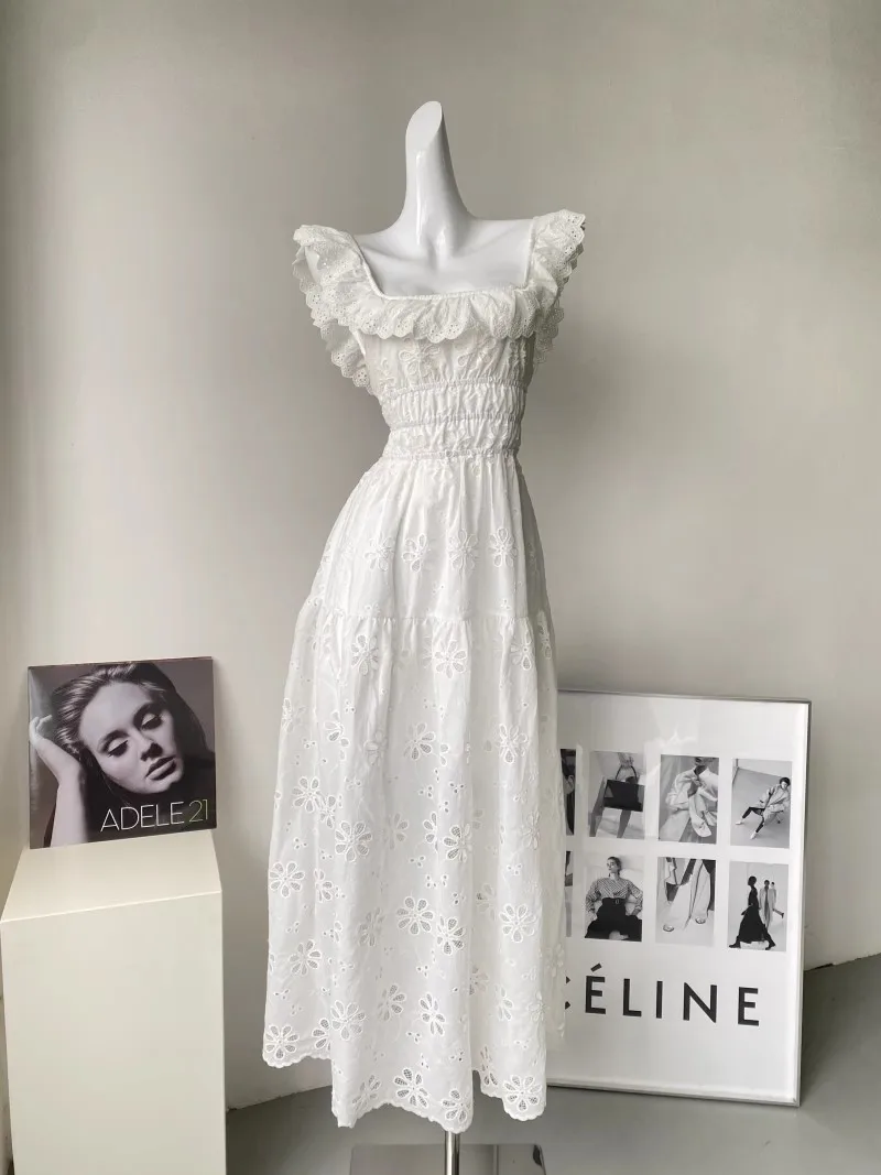 White Embroidered Hollow Out Dress For Women'S Summer Strapless Square Neck With A Unique Open Back Design, Slim Fit Long Skirt