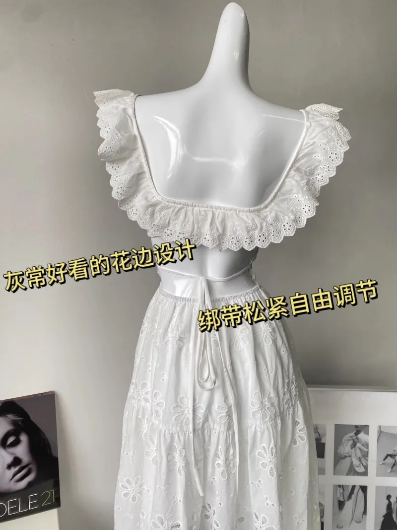White Embroidered Hollow Out Dress For Women'S Summer Strapless Square Neck With A Unique Open Back Design, Slim Fit Long Skirt