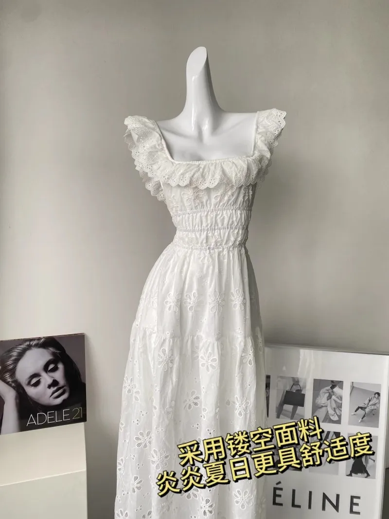 White Embroidered Hollow Out Dress For Women'S Summer Strapless Square Neck With A Unique Open Back Design, Slim Fit Long Skirt