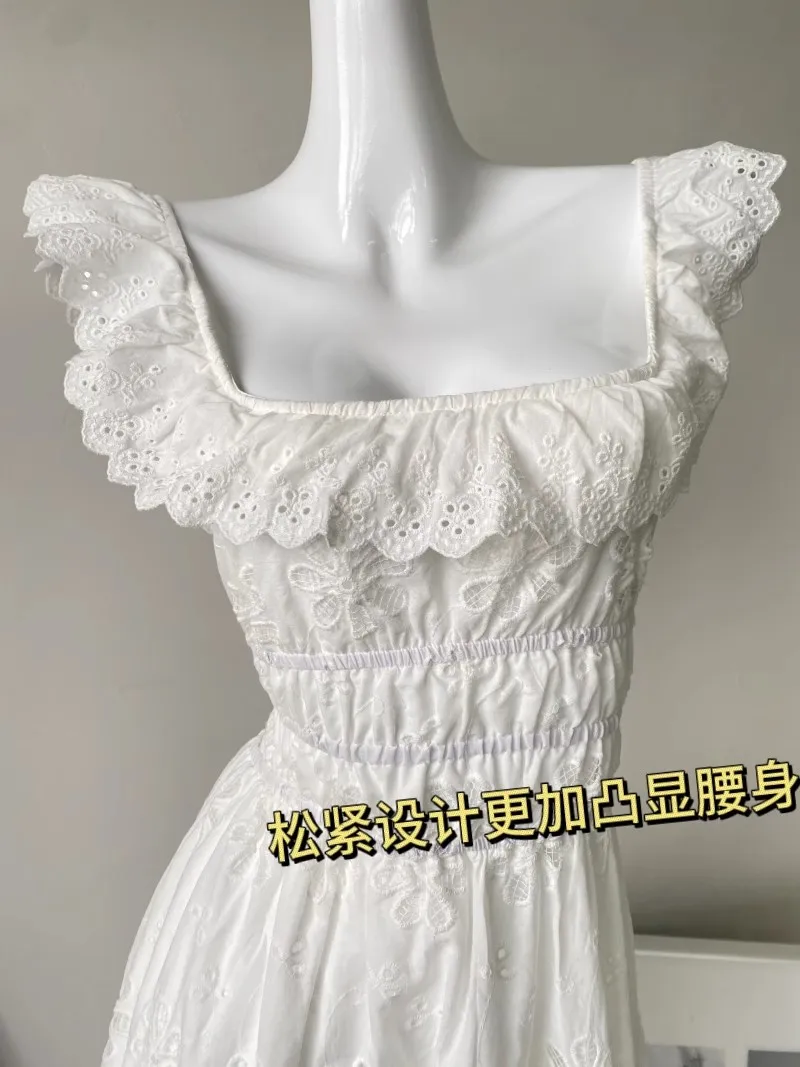 White Embroidered Hollow Out Dress For Women'S Summer Strapless Square Neck With A Unique Open Back Design, Slim Fit Long Skirt