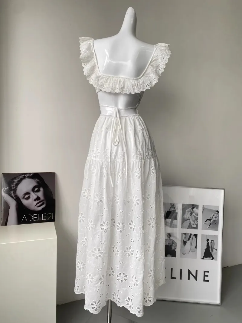 White Embroidered Hollow Out Dress For Women'S Summer Strapless Square Neck With A Unique Open Back Design, Slim Fit Long Skirt